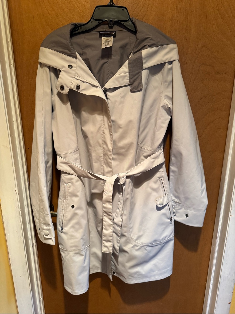 Patagonia Light Gray Waterproof Trench Coat with Belt